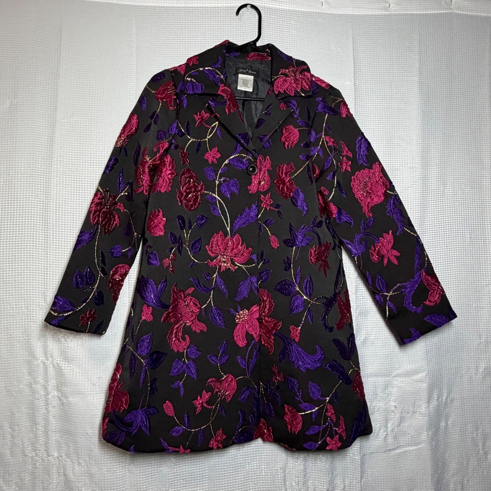 Slinky Brand Car Coat Floral Metallic Jacquard Single Button Longline XS Blazer